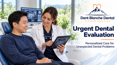 Dentist reviewing a digital dental image during an urgent emergency evaluation at Dent Blanche Dental