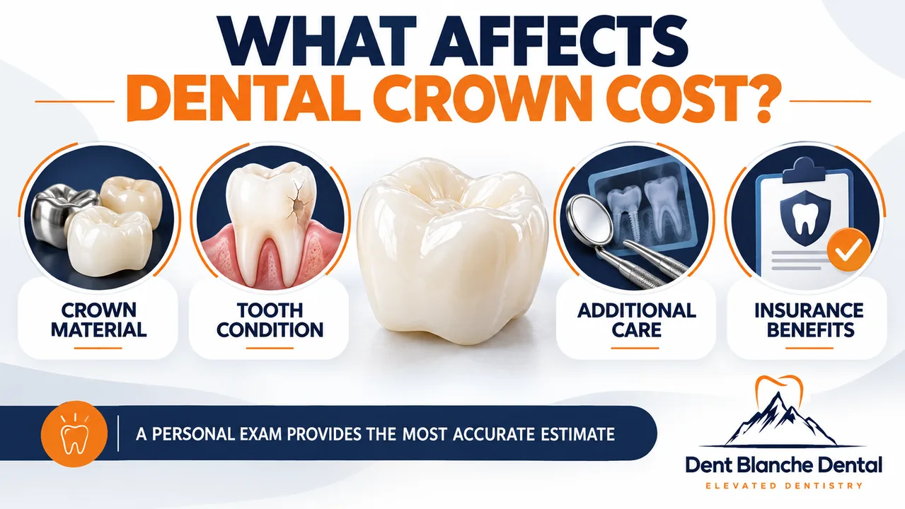 Factors affecting dental crown cost, including crown material, tooth condition, additional care and insurance benefits.