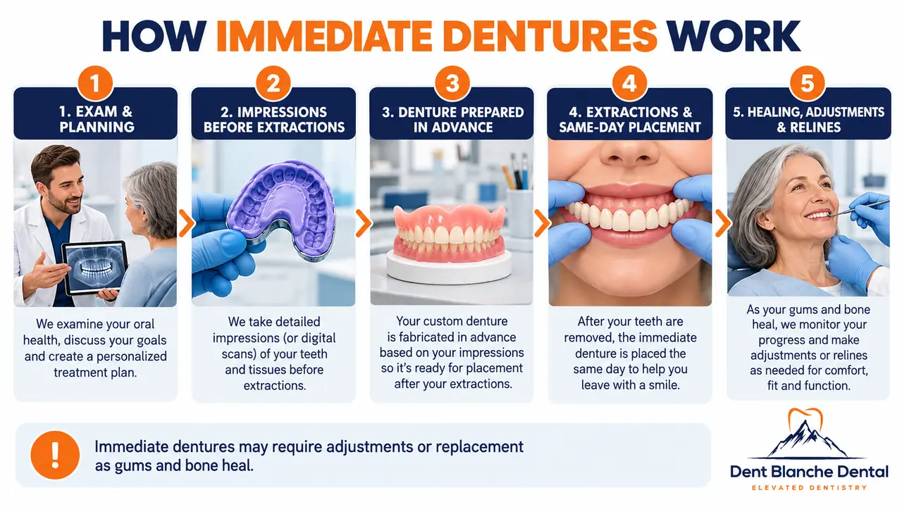 Five-step immediate denture process showing planning, impressions, advance fabrication, same-day placement and healing adjustments.