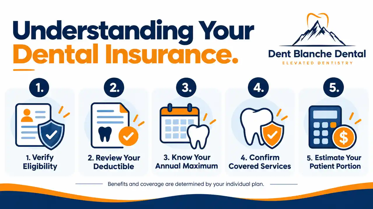 understanding-dental-insurance-infographic - Dent Blanche Dental Princeton New Jersey Dent Blanche Dental infographic explaining eligibility, deductibles, annual maximums, covered services and estimated patient costs for Dental insurance and financing.
