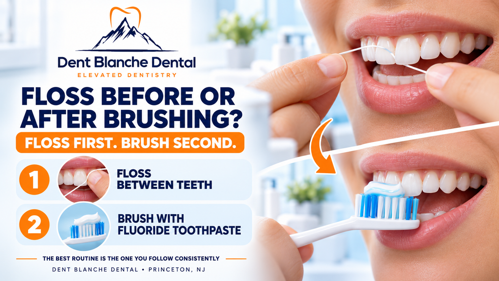 Patient flossing before brushing with fluoride toothpaste, demonstrating a two-step oral hygiene routine from Dent Blanche Dental in Princeton, NJ.