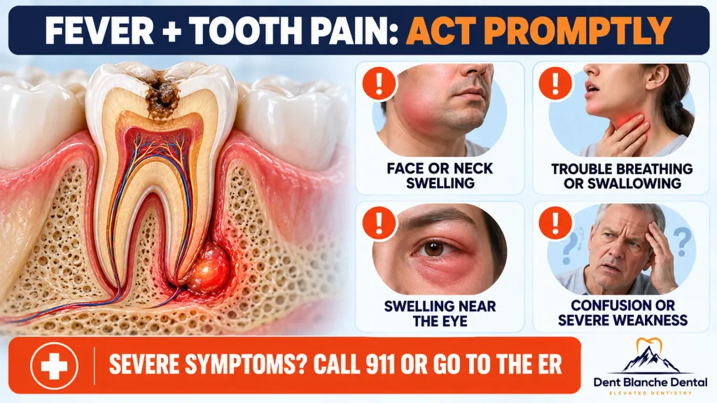 Fever toothache dental emergency : Dental infection illustration showing facial swelling, trouble breathing or swallowing, eye swelling and severe weakness as emergency warning signs.