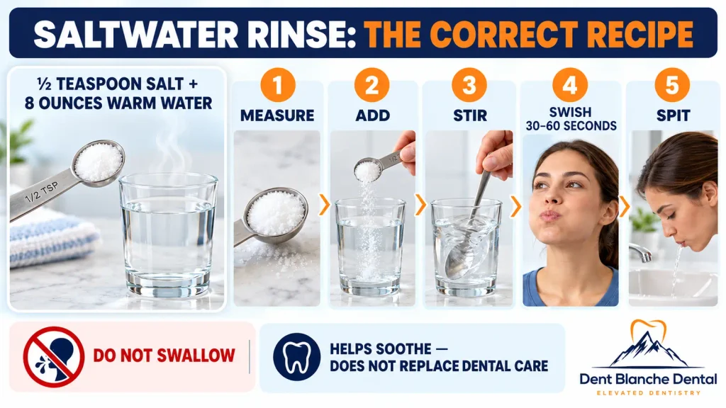 how-to-make-saltwater-rinse - Dent Blanche Dental Princeton New Jersey Saltwater rinse recipe showing half a teaspoon of salt mixed with eight ounces of warm water, swished for 30 to 60 seconds and spit out.