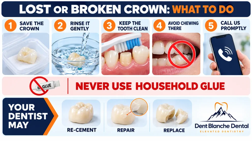 lost-broken-crown-what-to-do - Dent Blanche Dental Princeton New Jersey Emergency Same-day crown repair showing Steps for protecting a tooth after losing or breaking a dental crown, including saving the crown, avoiding chewing and calling a dentist.