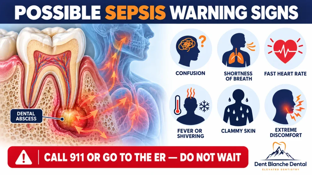 Signs of blood infection from tooth: Tooth abscess illustration with possible sepsis warning signs, including confusion, shortness of breath, rapid heart rate, fever, clammy skin and extreme discomfort.