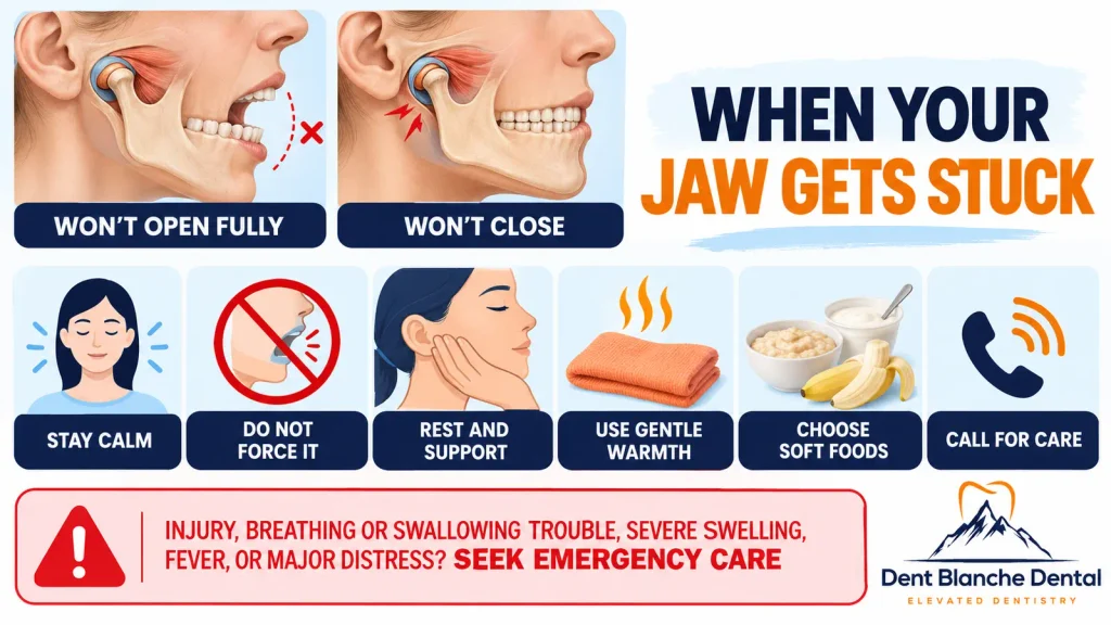 Jaw locked featuring Jaw-locking guide showing a jaw that will not open or close, safe first steps and signs requiring emergency care.